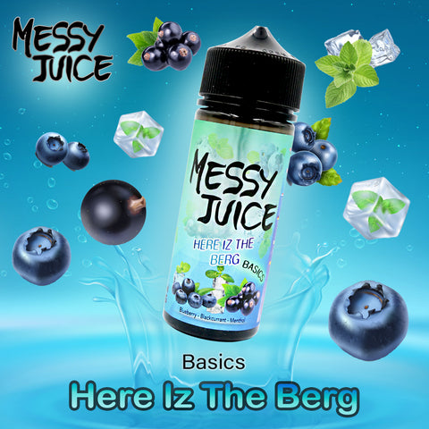 Here Iz The Berg E-Liquid by Messy Juice is a juicy mess where you will find a menthol blast followed by fruity undertones that you will not be able to let go.  Primary Flavours: Menthol, Blueberry and Blackcurrant  VG/PG: 70/30  Please Note: This e-liquid is provided in a 120ml bottle with 100ml of e-liquid.